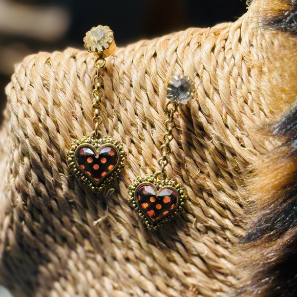 Orange and Black Polka Dot Heart Earrings with Rhinestone Studs - Picture 1 of 1